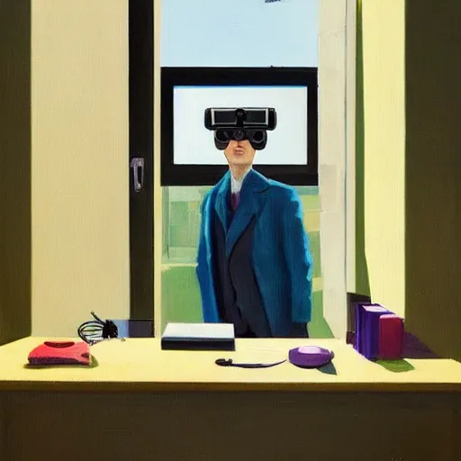 Image similar to A fine art painting of a man wearing Vr goggles dressed as a hypebeast and creating the metaverse at a desk through a window on a British street. In the style of Edward Hopper and Wes Anderson