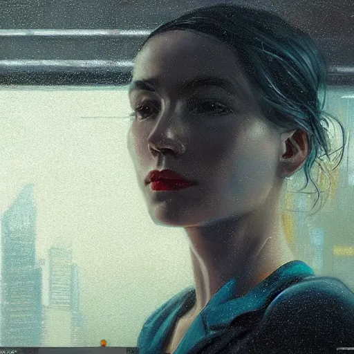 Prompt: detailed portrait of a woman, moment, cyberpunk elevated train, electronic billboards, tech noir, wet reflections, atmospheric, ambient, livia prima, greg rutkowski, edward hopper, pj crook