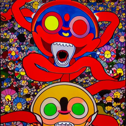 Prompt: Three bright red demons flying up from a desert canyon in the style of Takashi Murakami, highly detailed