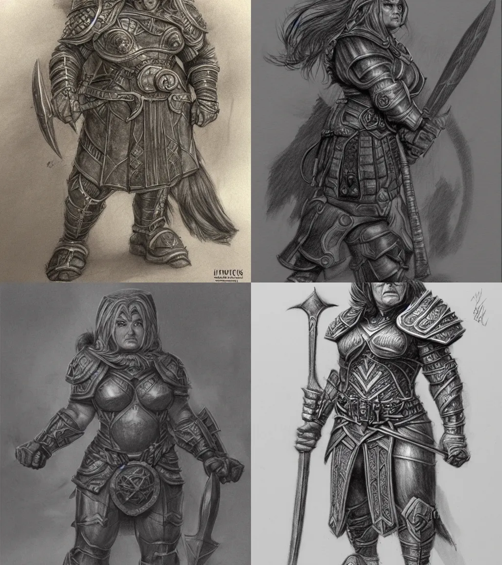 Prompt: robust female dwarven warrior | pencil sketch | hyperdetailed | jeff easley | frontal view |