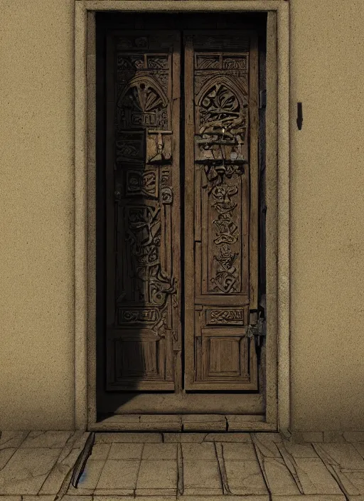 Image similar to a wooden womans faced carved into a wooden door, intricate Details, raphael lacoste, eddie mendoza, alex ross, john howe, concept art, matte painting, highly detailed, rule of thirds, dynamic lighting, cinematic, detailed, denoised, centerd, clean render