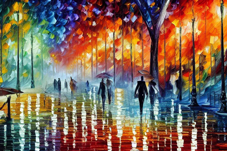 Prompt: a detailed painting of a park at night by leonid afremov and william de nuncques, rain puddles, a glitched dystopian city in the background, in foreground two plague doctors
