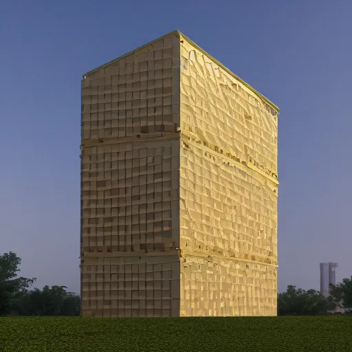Prompt: 2 0 0 m tall modular truncated stacked tower made of beige stone and gold mesh screens, contemporary design, solid massing, engraving and inscriptions on the facade, vegetated roofs, photorealism, octane render, hyper realistic, 8 k