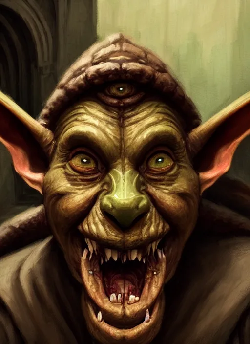 Image similar to profile face portrait of a medieval goblin eating cakes in the cloisters, beautiful face, hyper realistic, highly detailed, digital painting, artstation, illustration, concept art by hyung tae and frank frazetta, digital paint, matte paint, washed colors, dark, gloomy