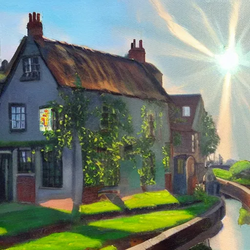 Prompt: an olde english pub next to a canal, canalside, thatched roof, clouds, beautiful late afternoon, sun filtering through trees, sunshafts, oil knife painting