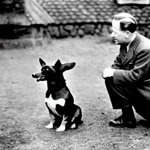 Image similar to ultra wide 1 9 4 6 historical photo of a single german general kneeling to pet a corgi, a young queen elizabeth watches him, french village exterior, highly detailed, sharp focus