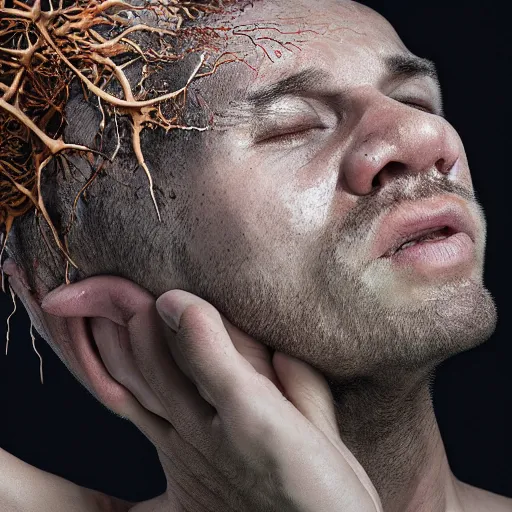 Image similar to long shot photo of a man where his skin is covered with dendritic cordyceps militaris, mouth open, style by david cronenberg, large format full frame photography, hyperrealism