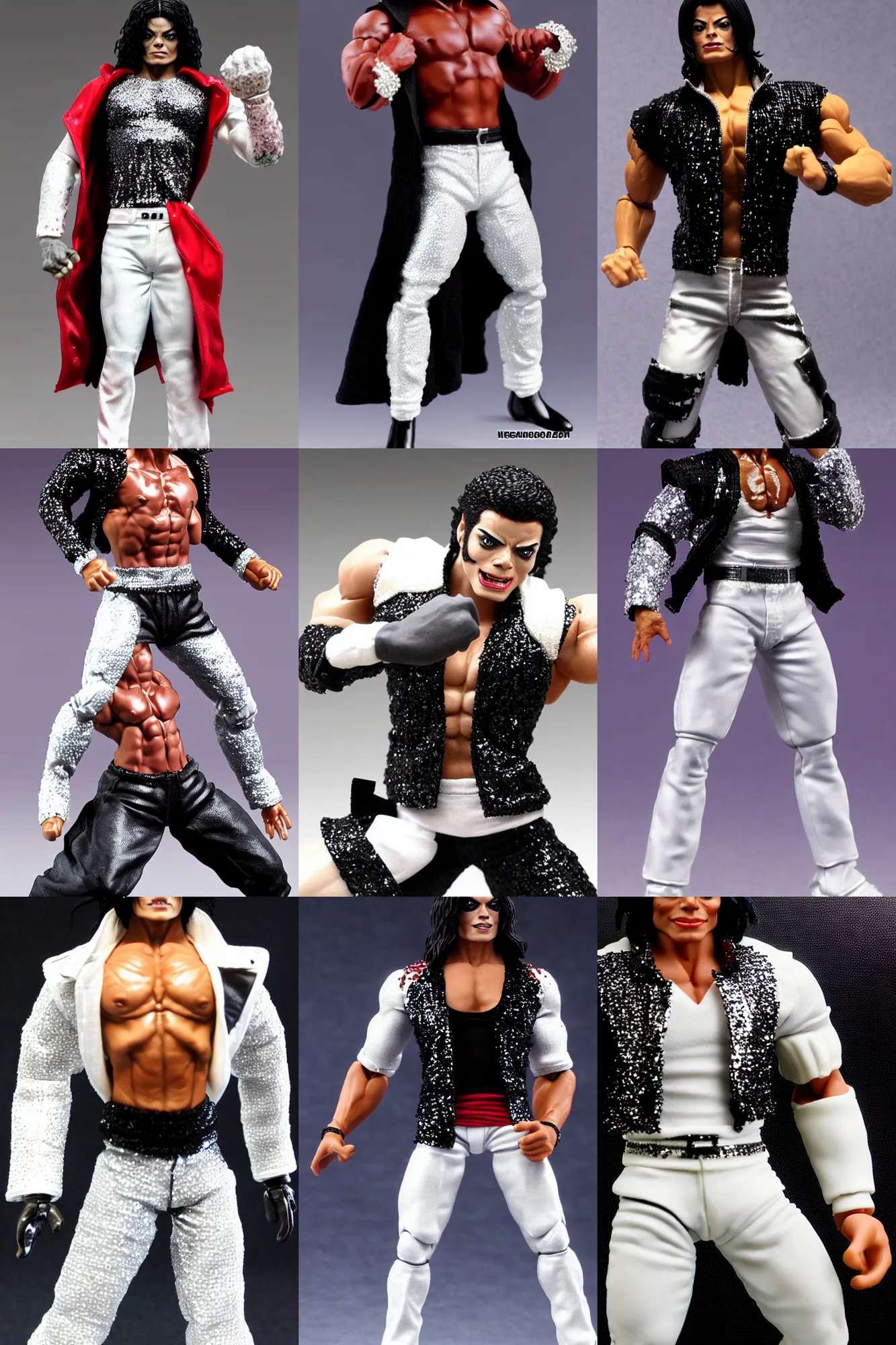 Prompt: stoic michael jackson oversized muscular hulked powerlifter by neca!!! pretty! beautiful! shirtless muscular white pants black sequined jacket very detailed realistic action figure by neca. face very close!! shot face shot head shot. in the style of tekken 5, character with dark eye sockets, zombie from mortal kombat, film still, bokehs