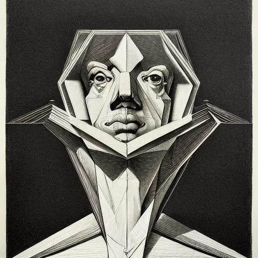 Prompt: lithography on paper artifact conceptual figurative post - morden monumental dynamic portrait by goya and escher and hogarth, illusion surreal art, highly conceptual figurative art, intricate detailed illustration, controversial poster art, polish poster art, geometrical drawings, no blur