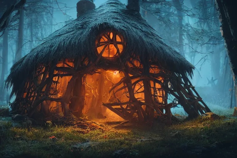 Prompt: witch hut, hyper realistic, ambient lighting, concept art, intricate, hyper detailed, smooth, dynamic volumetric lighting, octane, raytrace, cinematic, high quality, high resolution, 4 k, by jean - baptise monge