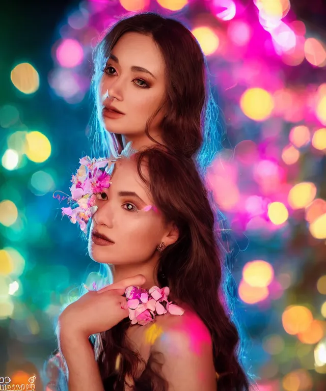 Prompt: an award-winning photo of a gorgeous young woman from the future adorned with flowers, in an outdoor rainy environment, creative studio portrait photography with wildly experimental neon lighting from various sources, cinematic, dramatic, in the style of WLOP, Ross Tran, and Norman Rockwell, 50mm, f2.4, bokeh