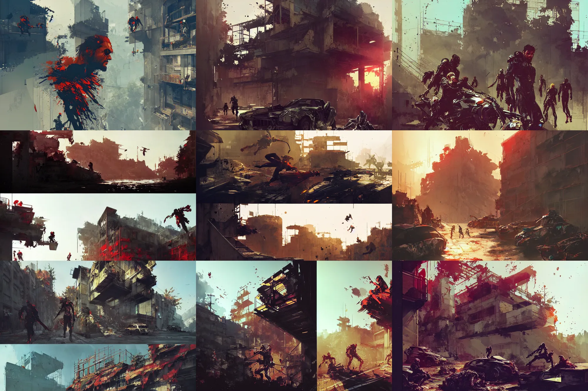 Prompt: illustrations of scenes from the crossover of dying light 2 and metal gear solid 5, busy, vibrant, ruins, by conrad roset, by ruan jia, by yoshitaka amano, cgsociety, artstation, portfolio quality.