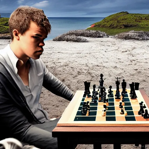 Magnus Carlsen punching Hikaru Nakamura during a chess, Stable Diffusion