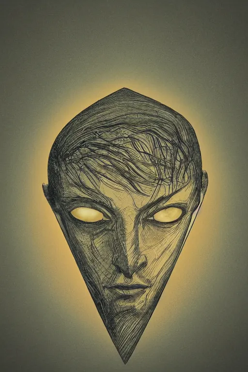 Image similar to portrait of triangle shaped head with single centered giant orb eye, in the style of Greg Broadmore and Arthur Rackham,trending on artstation, light lighting side view,digital art,surrealism ,macro,blueprint ,vaporwave ,