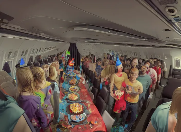 Image similar to boeing 737 cabin, a lot of zombies, birthday party, party hats, balloons, birthday cake, candles, realistic, insanely detailed, wide angle, Unreal 5 engine, trending on artstation, by Huang Guangjian and Gil Elvgren and Sachin Teng