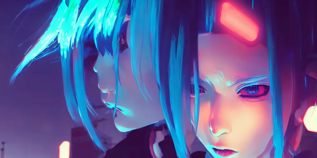 Image similar to digital illustration closeup of cyberpunk pretty girl with blue hair in city street at night by makoto shinkai, ilya kuvshinov, lois van baarle, rossdraws, basquiat