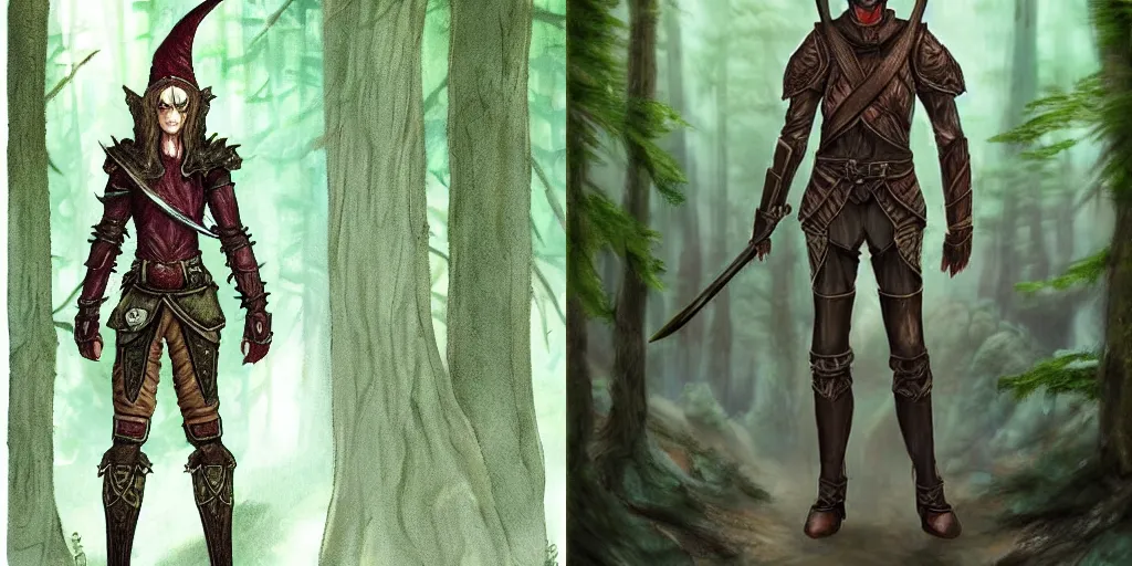 Prompt: tall mushroom-like elf standing calmly in the forest wearing leather armor, dnd, fantasy art,