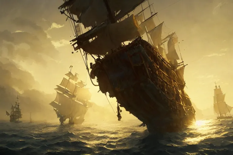 Image similar to a pirate ship, low angle, cine atic, golden hour, greg rutkowski, artstation hd, mist