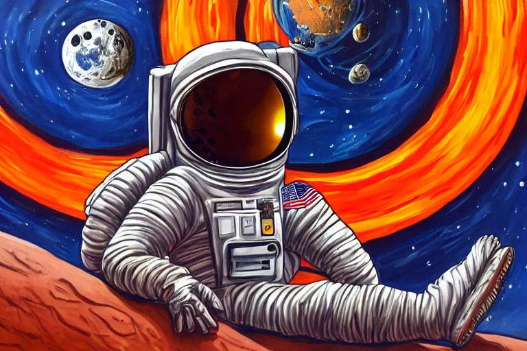 Image similar to an astronaut laying on mars in the style of flooko, acrylic art, detailed, moonlight,