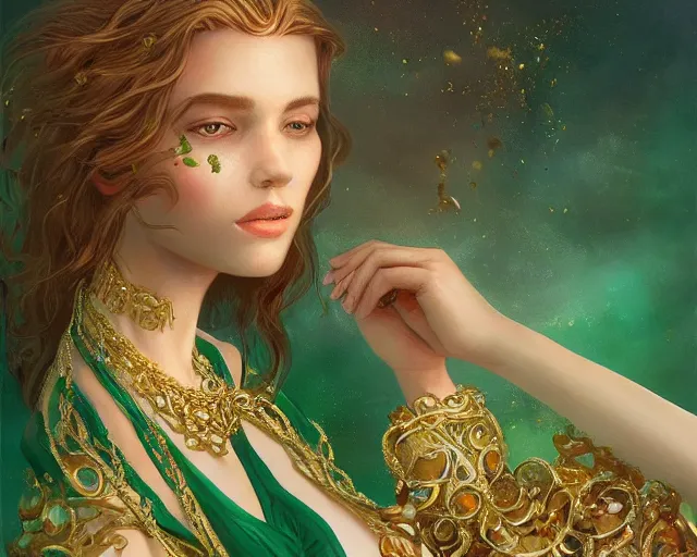 Image similar to emerald necklace suspended on elaborate gold chain, illustration, by ( kieran yanner ) ( miranda meeks ) ( anna podedworna ) ( cristi balanescu ), digital art