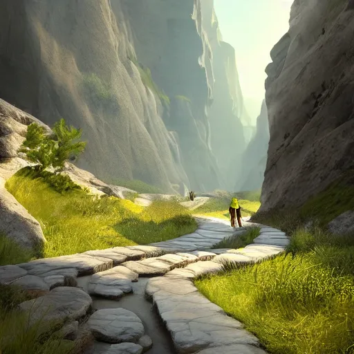 Image similar to pathway canyon in between mountains, unreal engine, high detail, realism, award winning, mist, detailed lighting