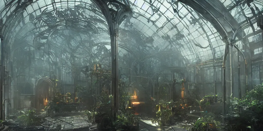 Image similar to octane render, ultra photorealistic, hyper detailed, unreal engine, aisles of amber liquid hyperbaric chambers preserving human bodies, breathtaking sci - fi gothic victorian greenhouse terrarium artwork by james cameron, greg rutkowski, alphonse mucha, james gurney inspired by blade runner 2 0 4 9