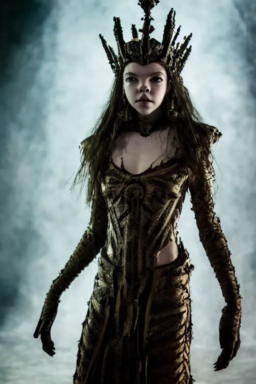 Image similar to dressed anya taylor - joy as a queen of senobith, symmetrical, cinematic, elegant, demonic atmosphere, professional studio light, real dlsr photography, sharp focus, costume made by clive barker, real rotten flesh and blood, 4 k, ultra hd, sense of awe