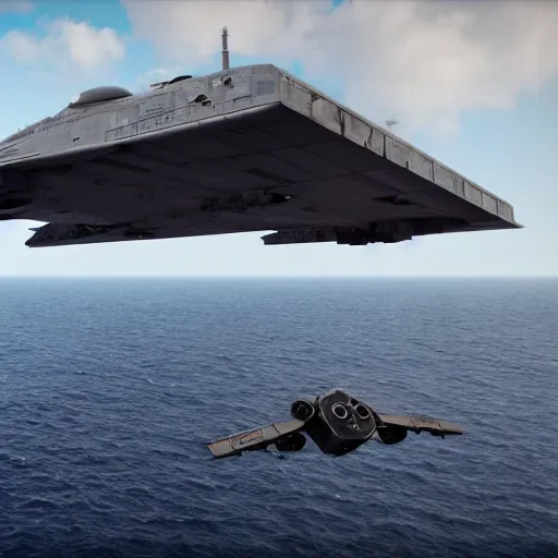 Image similar to a tie fighter coming in for a landing on a usa aircraft carrier. octane 3 d render, cinematic.