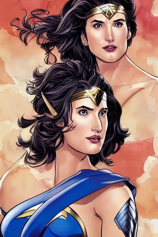 Image similar to A beautiful portrait of Cobie Smulders as Wonder Woman by Frank Cho, detailed, proportional, trending on art station, 4k,