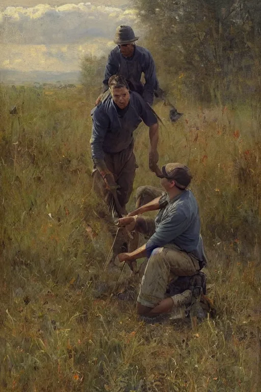 Image similar to Solomon Joseph Solomon and Richard Schmid and Jeremy Lipking painting full length portrait painting of a young man going to work in the field