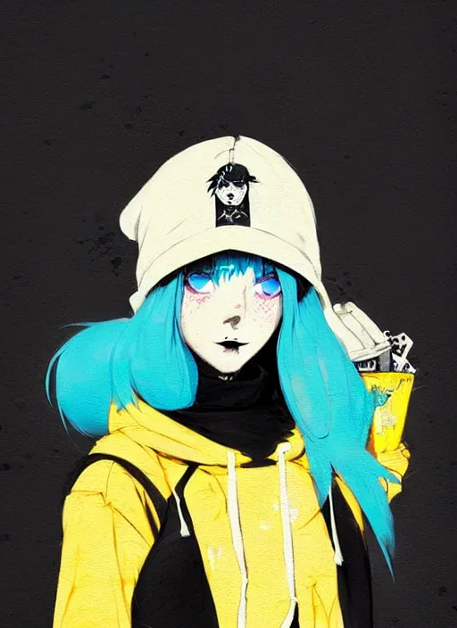 Image similar to highly detailed portrait of a street punk lady student, blue eyes, hoodie, hat, white hair by atey ghailan, by greg rutkowski, by greg tocchini, by james gilleard, by joe fenton, by kaethe butcher, gradient yellow, black, brown and cyan blue color scheme, grunge aesthetic!!! ( ( graffiti tag wall background ) )