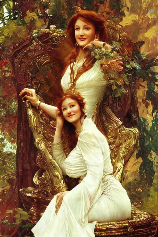 Prompt: young Jane Seymour sitting on a throne, fantasy, by Stanley Artgerm Lau, greg rutkowski, thomas kindkade, alphonse mucha, loish, norman Rockwell