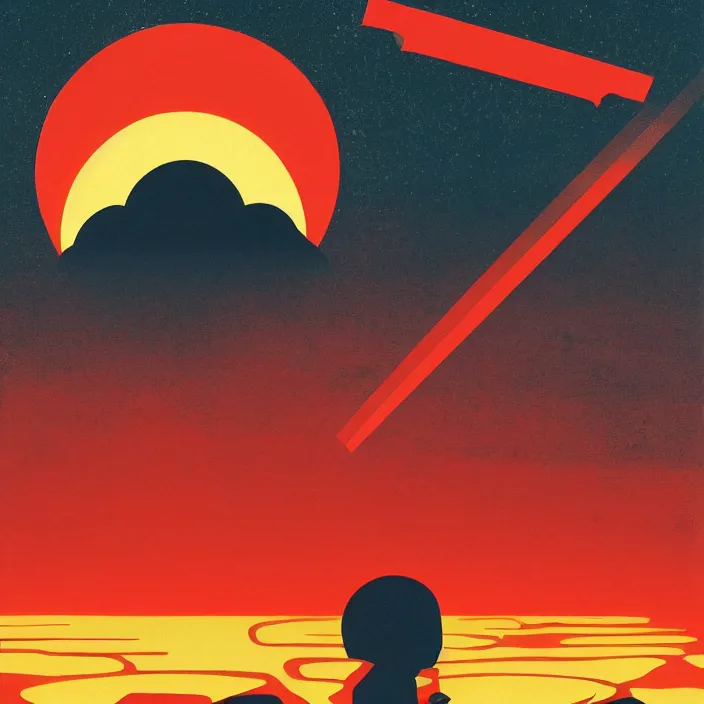 Prompt: a painting of a red landscape with a sun in the background, poster art by tom whalen, behance contest winner, space art, apocalypse landscape, ukiyo - e, synthwave