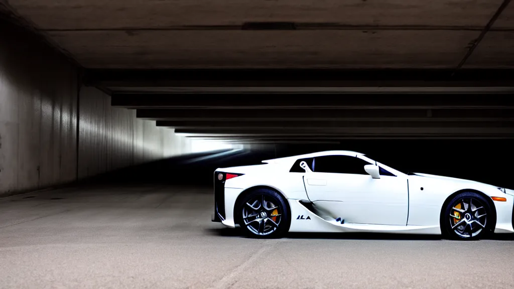 Image similar to a three quarter shot of a lexus lfa in a parking garage, 4k, hyper realistic, car photography