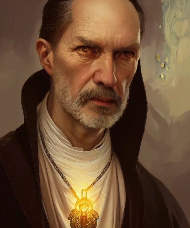 Prompt: an untrustworthy priest, portrait, intricate, elegant, highly detailed, digital painting, artstation, concept art, smooth, sharp focus, illustration, art by artgerm and greg rutkowski and alphonse mucha