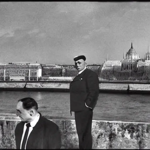 Image similar to leader of fascist hungary, viktor orban, overseeing the war torn city on the bank of danube river in budapest during the siege 1 9 4 5, by edward hopper