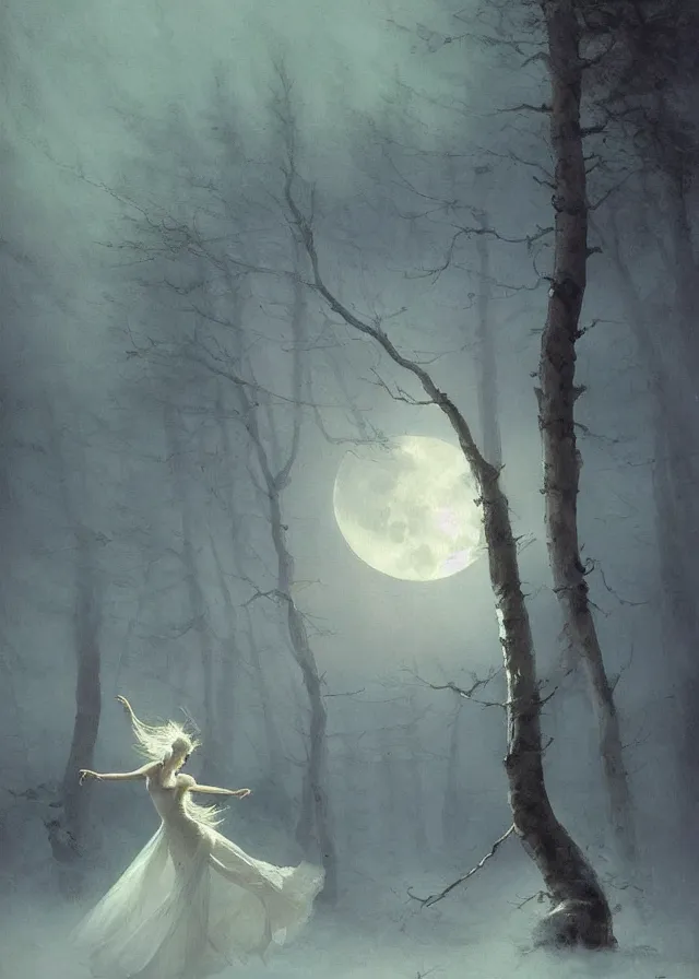 Prompt: dancers in white lit only by the moon, contemporary dance on the forest floor, the twilight dance of the fae by aleksi briclot, and ivan aivazovsky, contemporary dance, watercolor, surrealist, artstation, artgerm