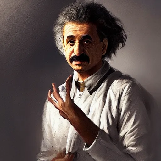 Image similar to a portrait of a Kurdish Albert Einstein in Kurdish clothes by Greg Rutkowski, digital art, horror, chiaroscuro, trending on artstation, anime arts, featured on Pixiv, HD, 8K, highly detailed, good lighting, beautiful, epic, masterpiece