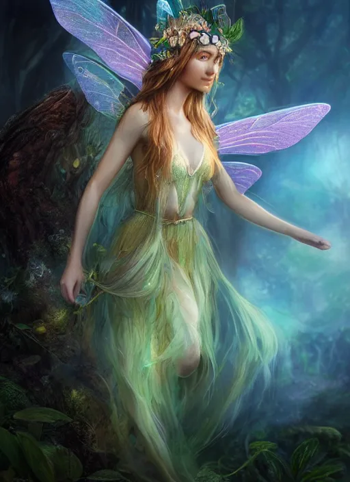 Image similar to beautiful beautiful full body portrait fairy faerie fey fae queen forest spirit highly detailed CGsociety subtle enchanting alluring magical concept art HDR hyper realistic volumetric lighting subsurface scattering unreal