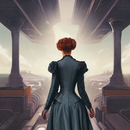 Prompt: portrait of a victorian lady in a futuristic city, from behind, streets, beautiful, open sky, highly detailed, digital painting