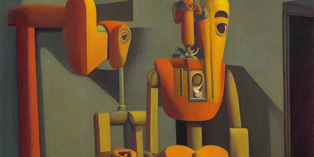 Image similar to super - intelligent robot with kind eyes portrait, grant wood, pj crook, edward hopper, oil on canvas