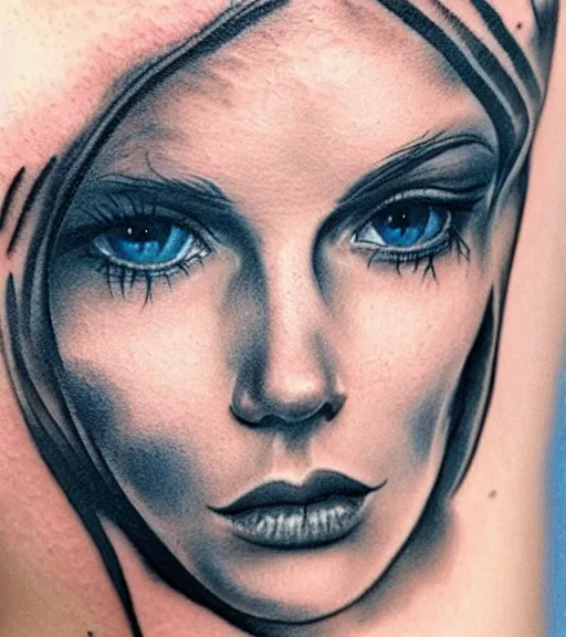 Image similar to tattoo design sketch of a beautiful blue - eyed woman face with a faded background of beautiful mountains and nature on her side, hyper - realistic, in the style of den yakovlev, amazing detail, black and white