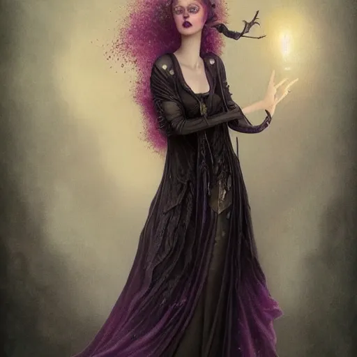 Image similar to by tom bagshaw, photorealistic body shot of absurdities and mushrooms, very beautiful curvy full gothic long dress fantasy, ultra deep fog, purple black lustrous thin haircut, symmetry accurate features, focus, very intricate ultrafine details, award winning masterpiece