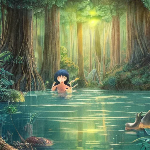 Image similar to forest child in a lake, ghibli, highly detailed faces, artwork, light, blue, fantasy