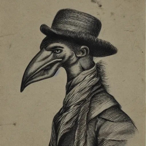 Image similar to crow - like humanoid with long neck and equine face, forest of neckties, straw hat and overcoat, bucolic, rococo, sketch