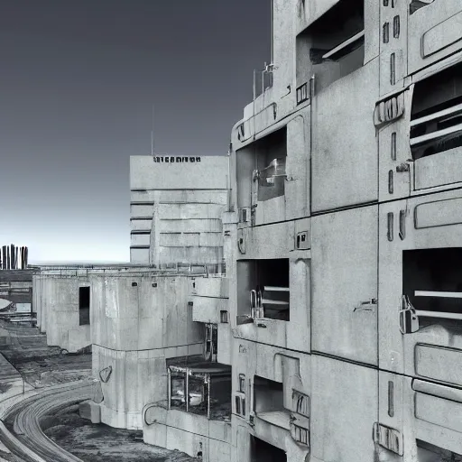 Image similar to scifi brutalist industrial complex, photorealistic