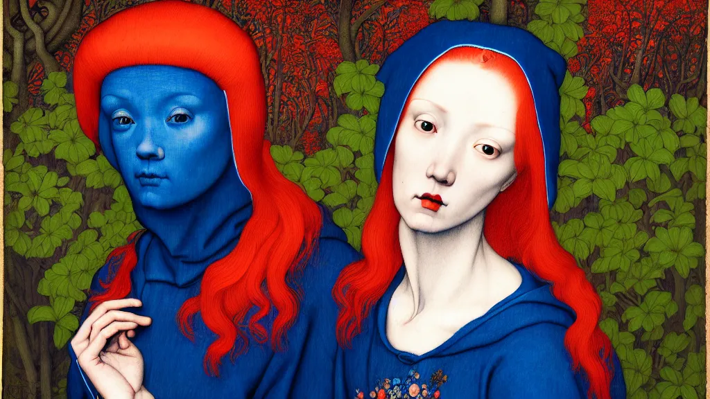 Prompt: portrait of a woman with red hair, wearing a neon blue hoodie, standing in a botanical garden, intricate details, high detail, in the style of rogier van der weyden and jacopo da pontormo, by mark ryden, punk, asian art,