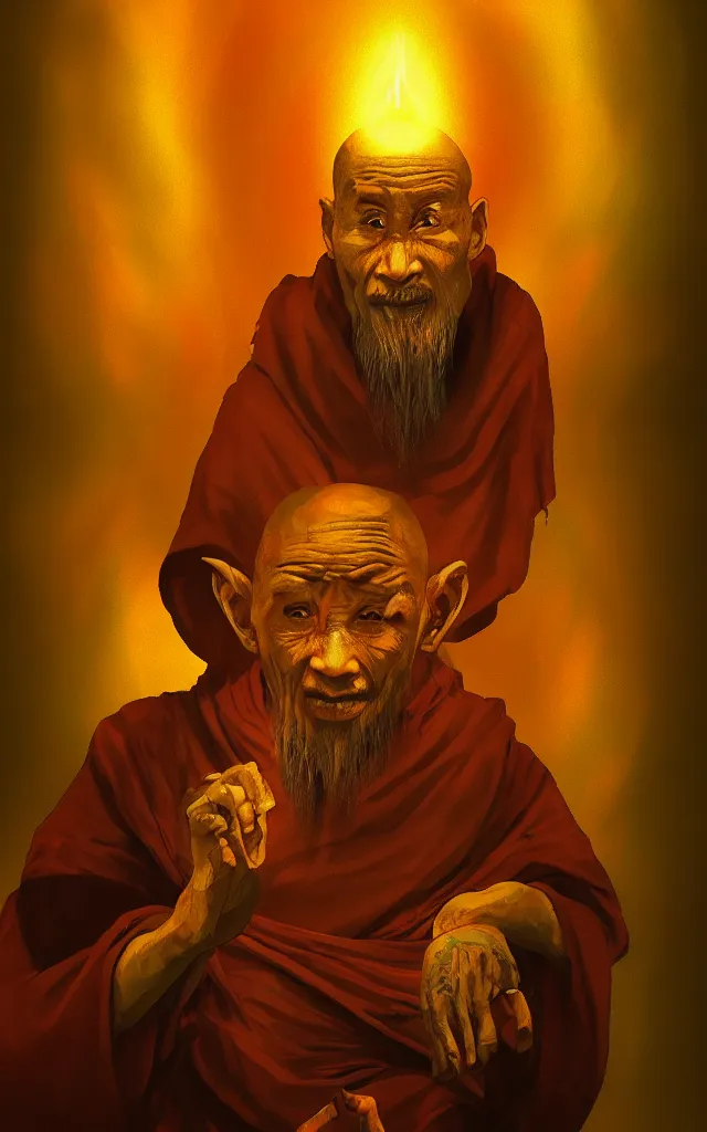 Prompt: Old wise glowing Monk guiding a Lost Soul through a empty dark world, in the Style of Lenka Simeckova, vibrant colors, hard shadows, trending on artstation