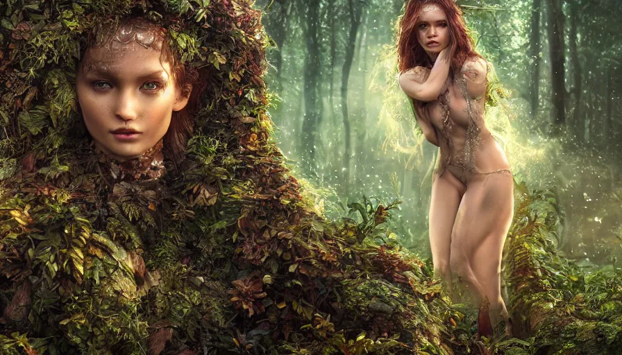 Prompt: high definition photograph fantasy character art, hyper realistic, hyperrealism, luminous water elemental, snake skin armor forest dryad, woody foliage, 8 k dop dof hdr fantasy character art, by aleski briclot and alexander'hollllow'fedosav and laura zalenga