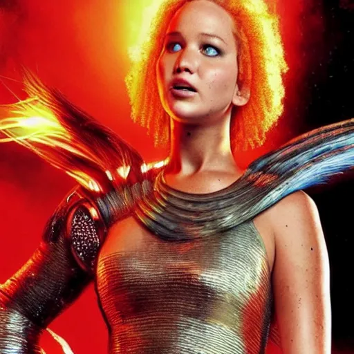 Image similar to promo shot of Jennifer Lawrence as Leelu in a remake of The Fifth Element (2029)